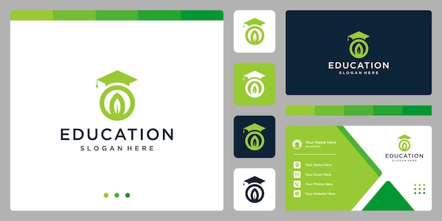 Колледж, выпускник, кампус, дизайн логотипа образования. и логотип в виде листа. визитная карточка Premium векторы