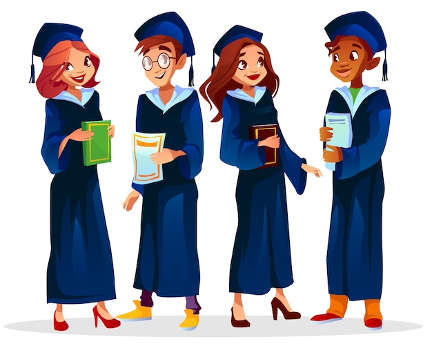 College Or University Graduates Illustration Of Afro American Boy In Glasses And Girls Students