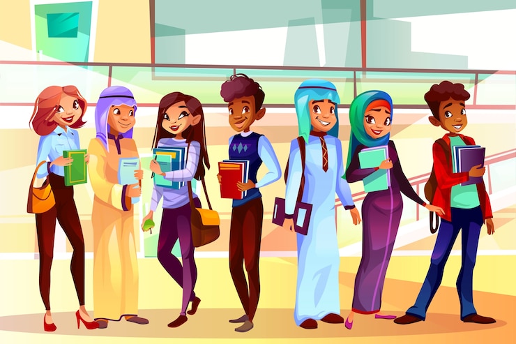 मुफ़्त वेक्टर college or university students illustration of classmates of different nationalities 