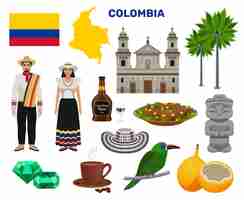 Vettore gratuito icone del turismo della colombia impostate con tour e simboli di viaggio piatto isolato illustrazione vettoriale