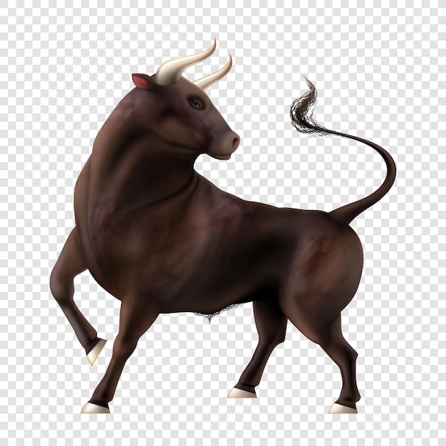 Free vector color bull realistic composition with isolated image of animal with tail and horns on transparent background vector illustration