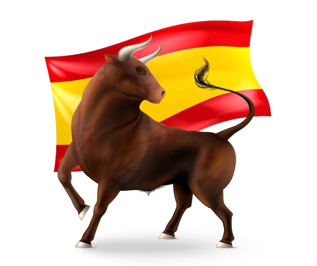 Free vector color bull realistic composition with isolated view of horned animal in front of spanish national flag vector illustration