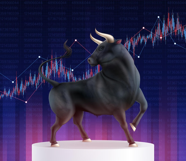 Free Vector color bull realistic composition with realistic image of bull on pedestal in front of stocks graph vector illustration