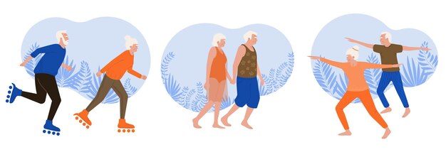 Цветовая композиция стариков, гуляющих по парку с плоской векторной иллюстрацией