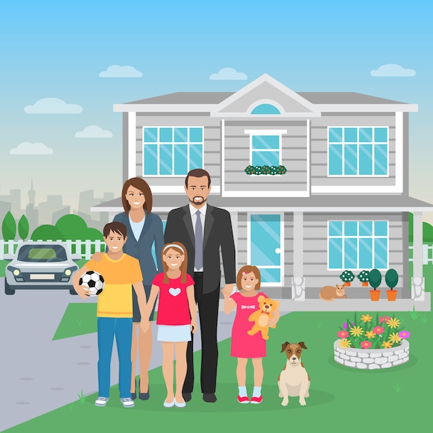 Free vector color flat illustration big happy family with dog in the yard