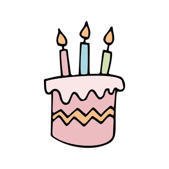 Color hand drawn birthday cake with candles. doodle vector illustration.