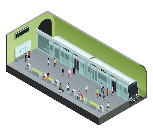 Color isometric concept depicting subway station with train and people