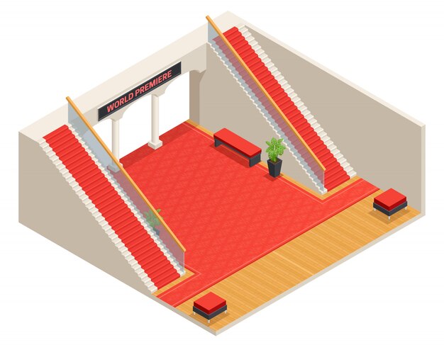 Color isometric design of foyer with red stairs and carpet 