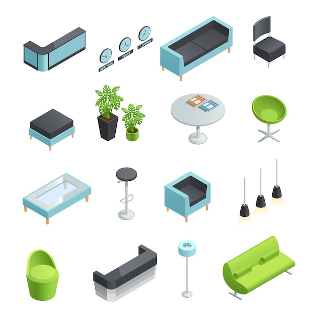 Color isometric icons of interior elements of hall foyer