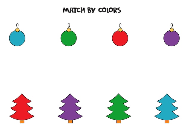Color matching game for preschool kids. match christmas trees and baubles by colors.
