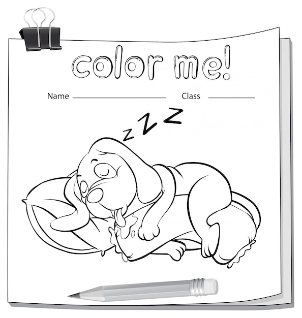 A color me worksheet with a sleeping dog