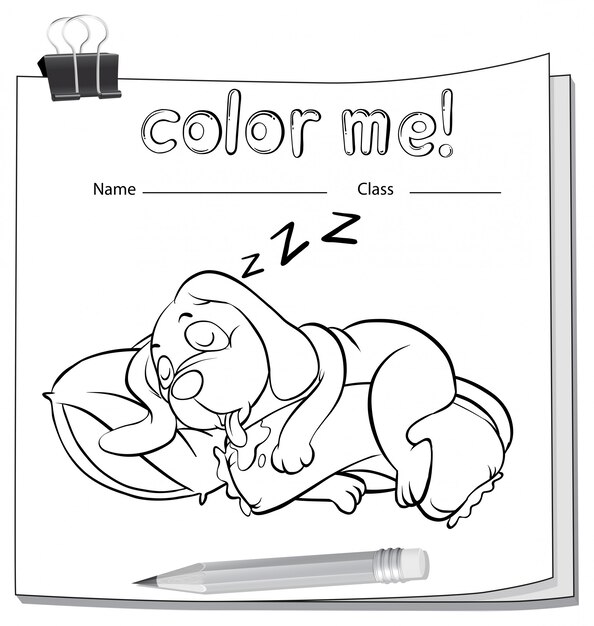 A color me worksheet with a sleeping dog