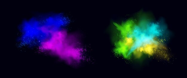 Color powder explosions isolated on black background. Splash and spray of paint dust with particles. realistic set of burst effect of colorful powder clouds
