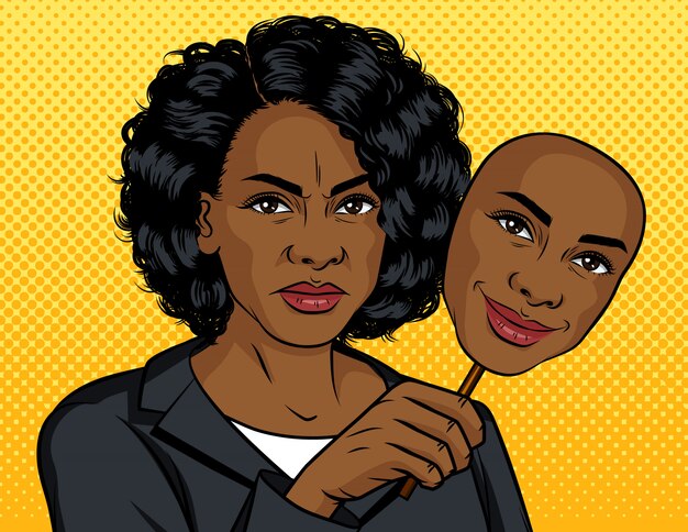 Premium Vector Woman With Sad Unhappy Face Holding Mask Fake Smile Illustration In Comic Retro Pop Art Style