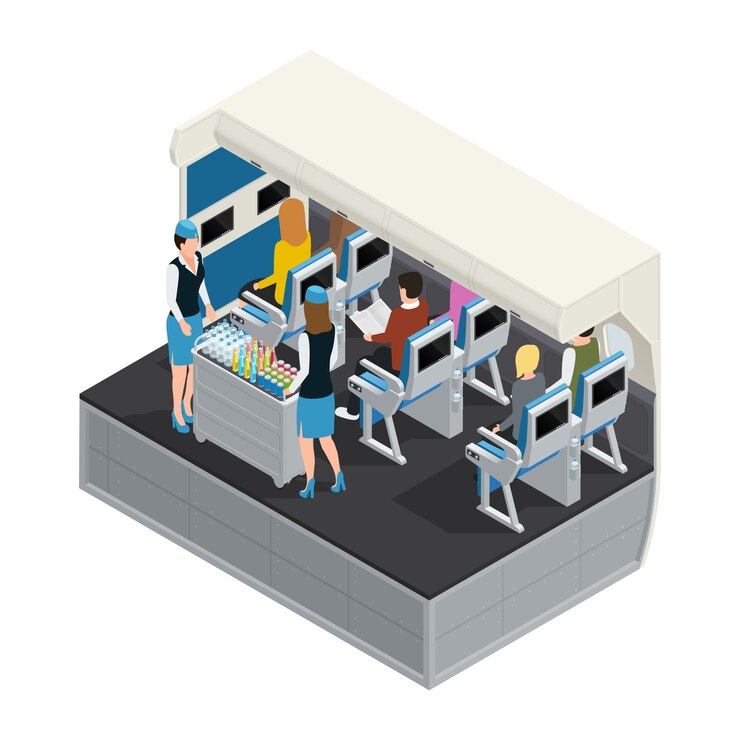 Free Vector colored airplane interior isometric composition with lunch