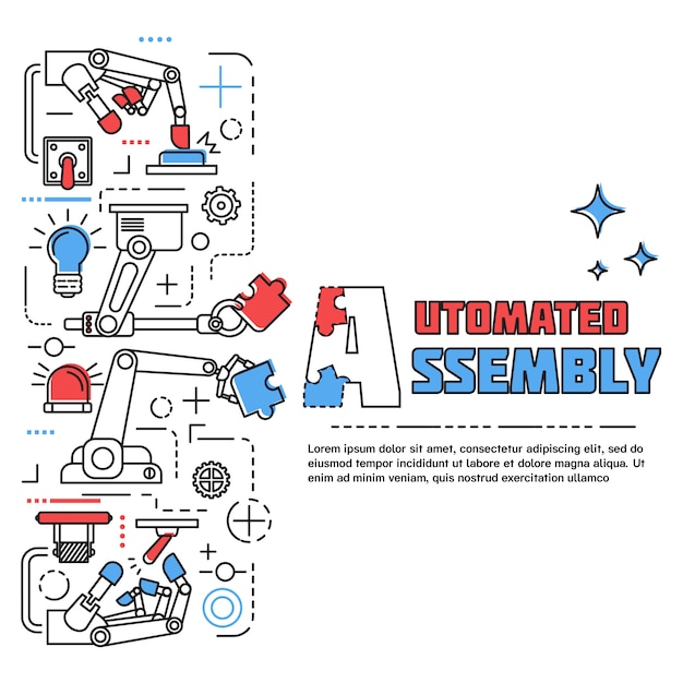 Colored assembly vertical concept with robotic hands holding puzzle pieces in linear style