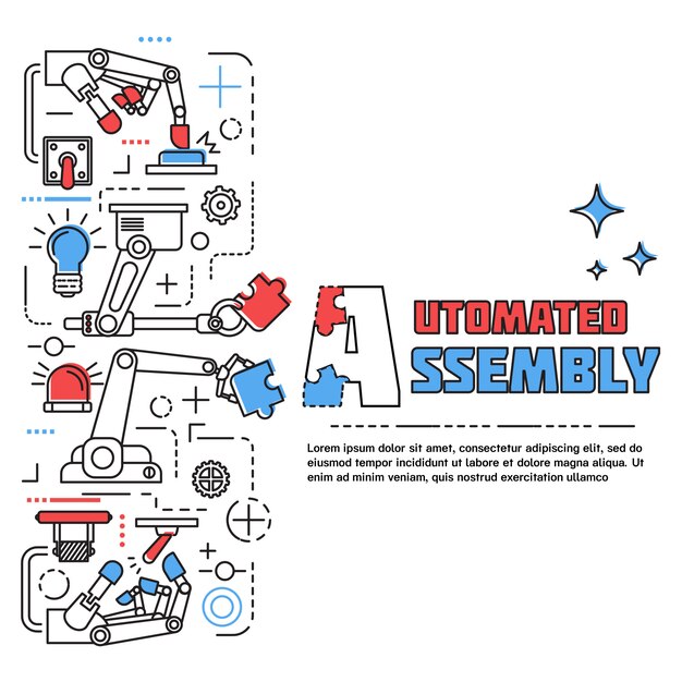 Colored assembly vertical concept with robotic hands holding puzzle pieces in linear style