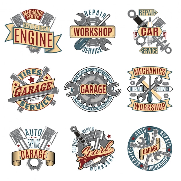 Vettore gratuito set di logotipi colorati di servizio di riparazione auto