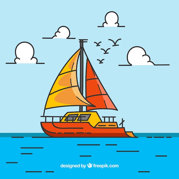 Free vector colored background with boat and birds in flat design