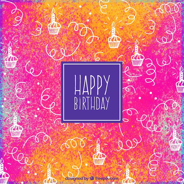 Colored background with hand-drawn birthday cupcakes