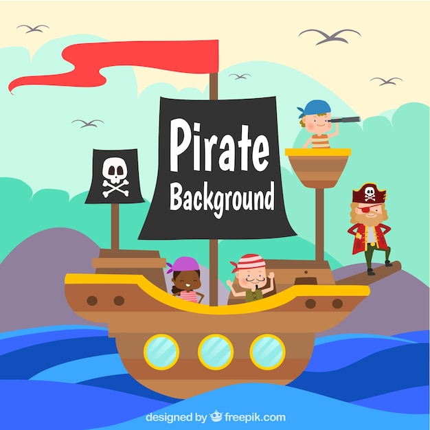 Free vector colored background with ship and pirates
