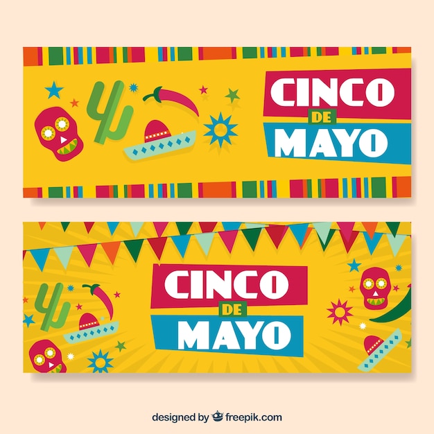 Colored banners with skulls and garlands for cinco de mayo