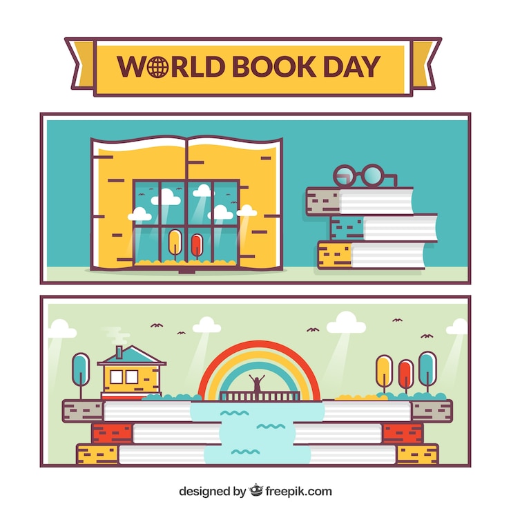 Free Vector colored banners for world book day in flat design
