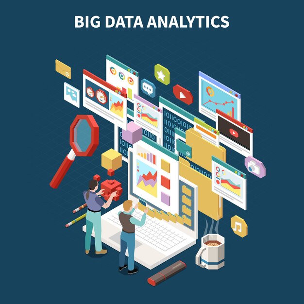 Colored big data analytics isometric composition with abstract 3d network storage windows and apps in the air  illustration