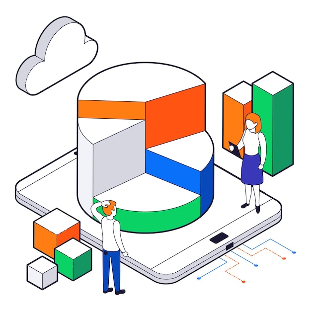 Free vector colored big data science analysis isometric composition with two people analyze the work of a smartphone