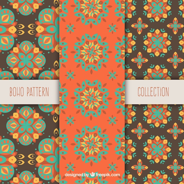 Colored boho patterns with flat ornaments