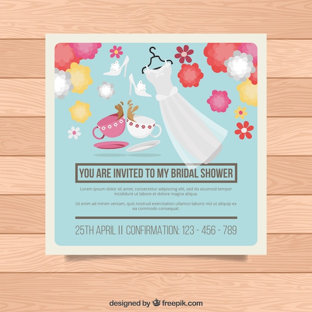 Free vector colored bridal shower invitation with wedding dress and flowers