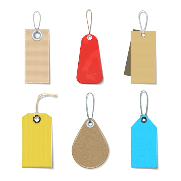 Colored and bright labels and tags realistic icons set for clothes 