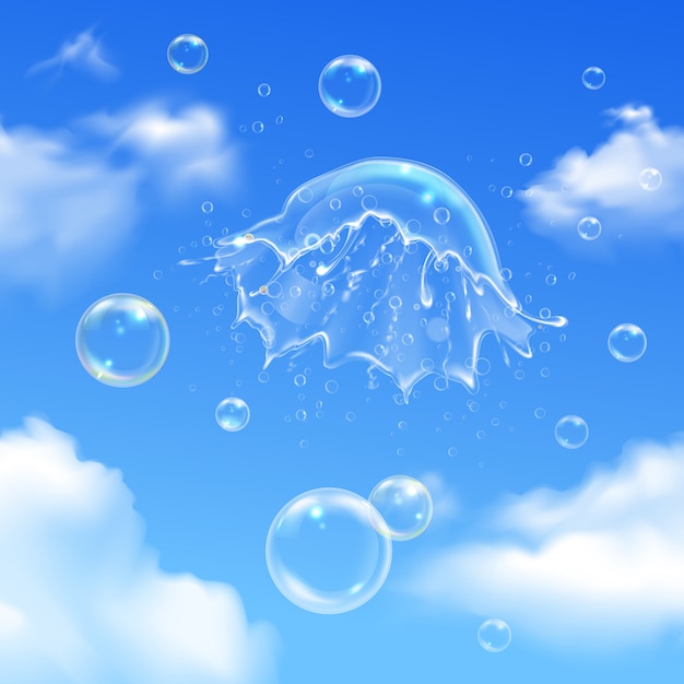 無料ベクター 雲の中のシャボン玉と空の組成の色の泡爆発
