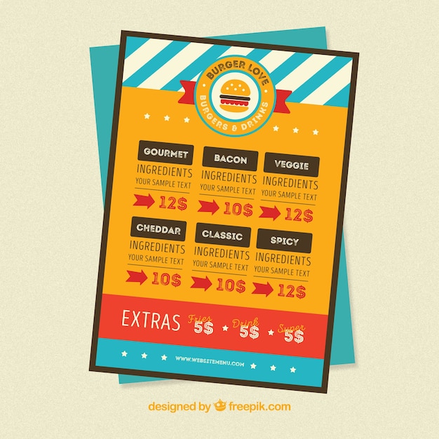 Free vector colored burger menu template in flat design