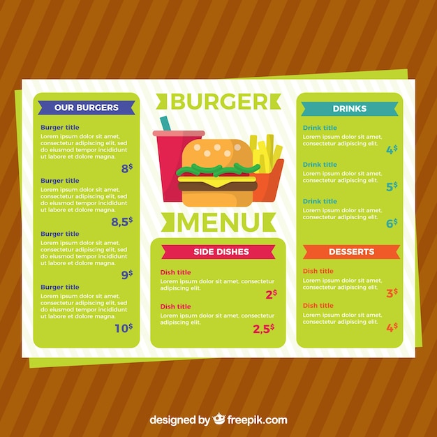 Free vector colored burger menu template