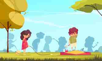 Free vector colored cartoon background with two lonely children crying on playground illustration