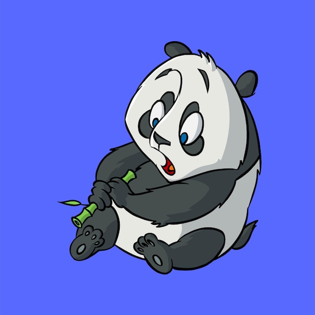 Colored cartoon drawing of a panda. the bear sits and looks at the bamboo. vector illustration