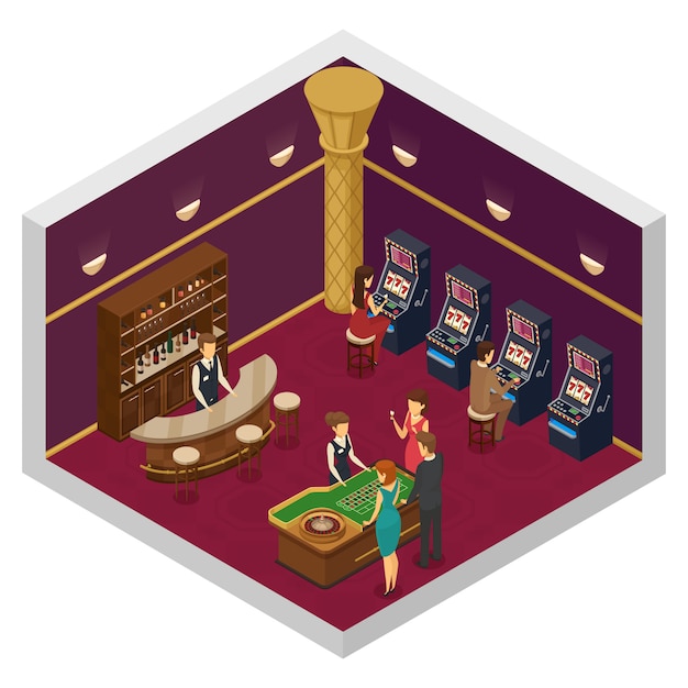 Free vector colored casino isometric interior with big room with slots and game table