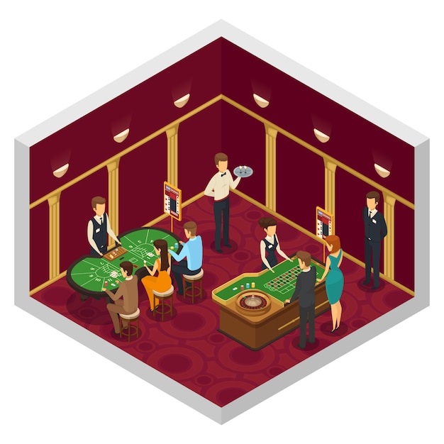 Colored casino isometric interior with green tables game of dice casino employees