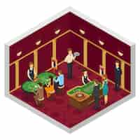 Free vector colored casino isometric interior with green tables game of dice casino employees