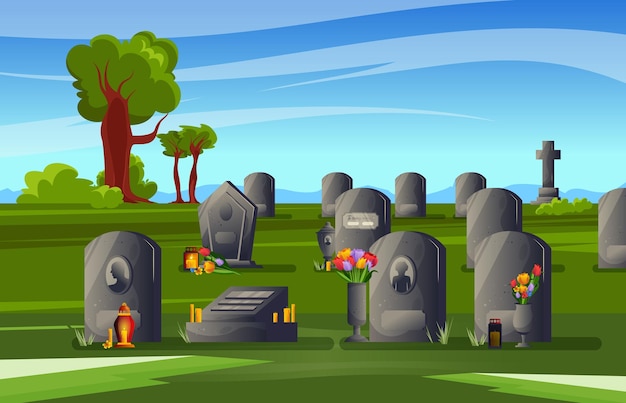 Free vector colored cemetery gravestone composition