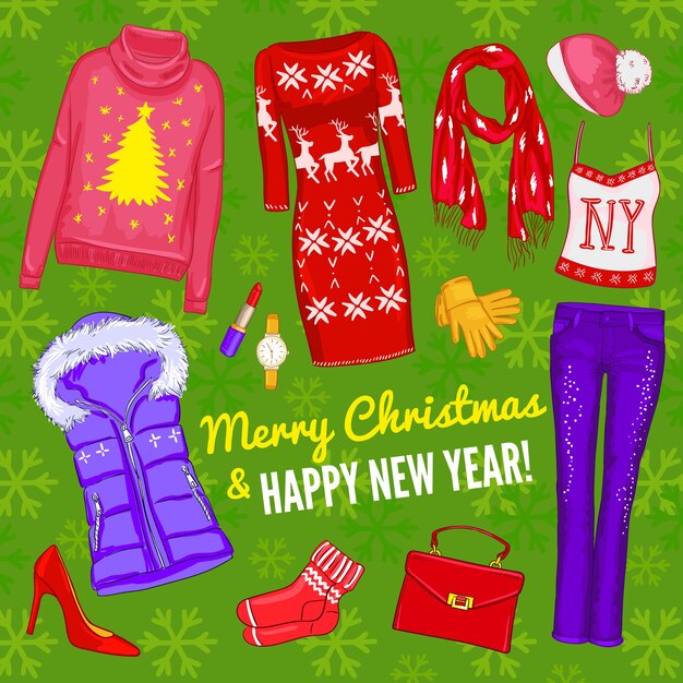 Colored christmas fashionable clothing composition with christmas icon set