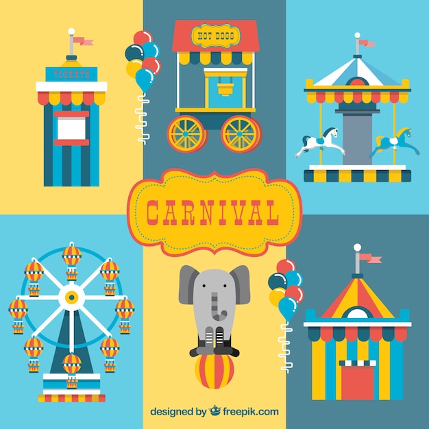 Бесплатное векторное изображение Цветные элементы цирка в плоской конструкции