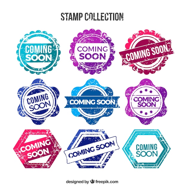 Colored coming soon stamps in retro style