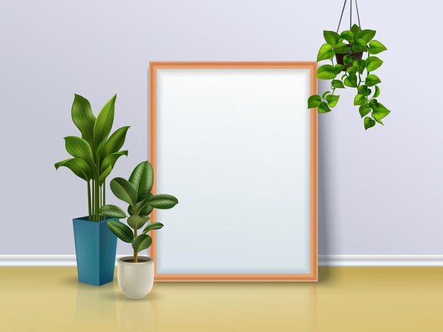 Цветная композиция из зеркала и трех комнатных растений, на одном из которых подвешена реалистичная иллюстрация