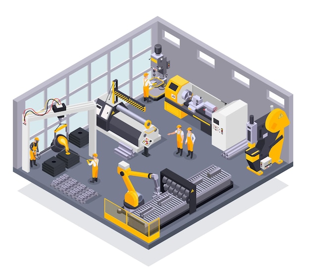 Free vector colored composition with metal industry plant workers and machinery 3d isometric