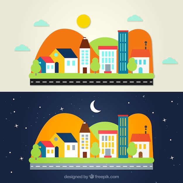 Free vector colored day and night city