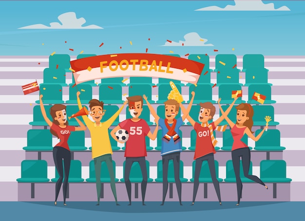 Vettore gratuito colorata fan rooter fan con persone che stanno in piedi davanti alle tribune del campo da calcio