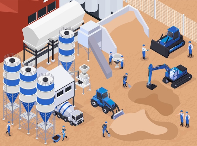 Colored and flat concrete cement production isometric illustration