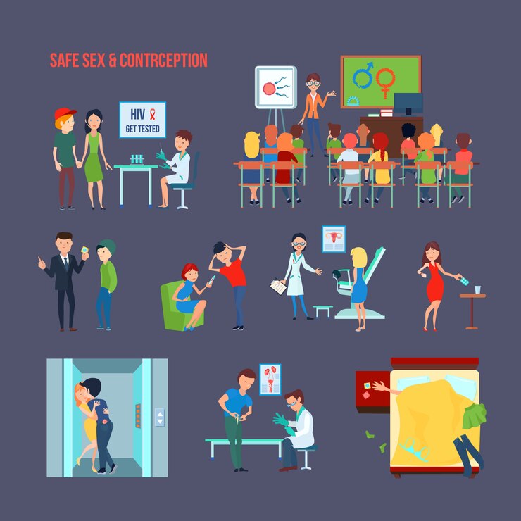 Free Vector colored flat contraception icon set with child in school and their informing and safe sex description